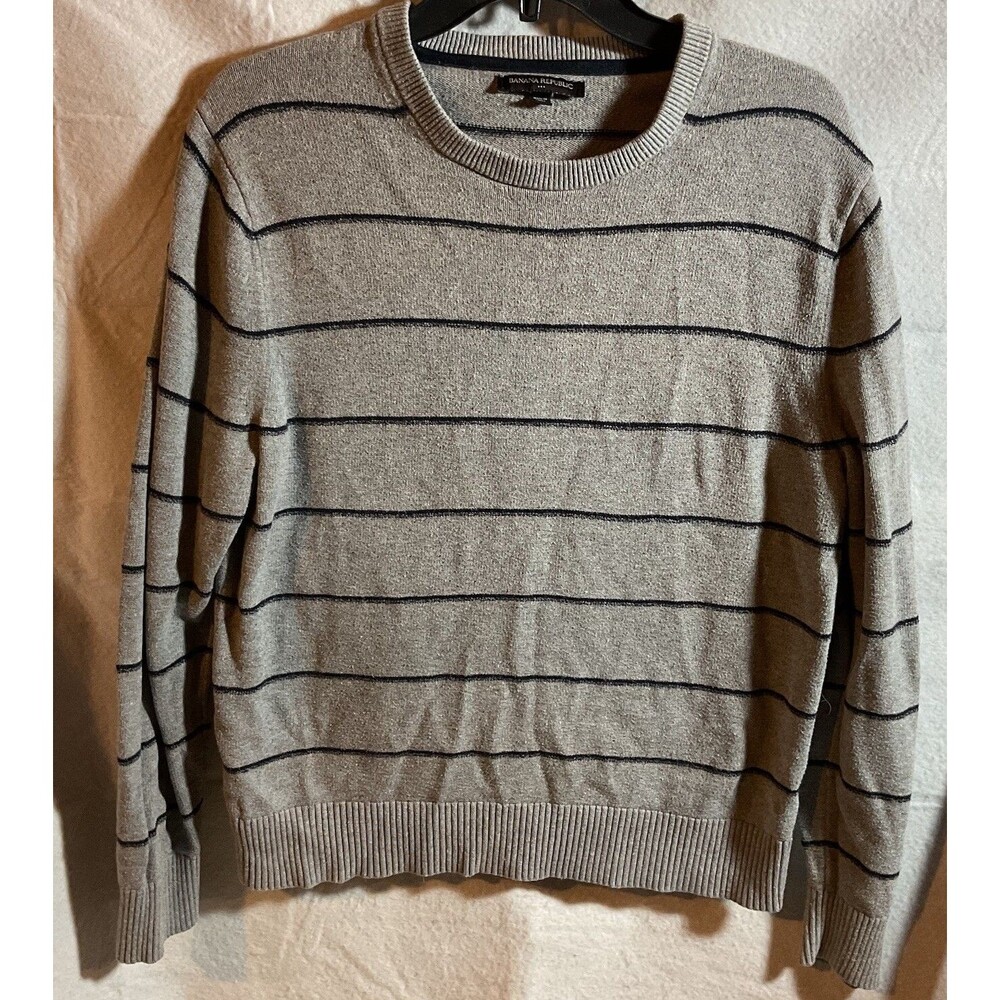 Banana Republic Sweater Mens Med Gray Striped Crewneck Merlng Wool Long Sleeve